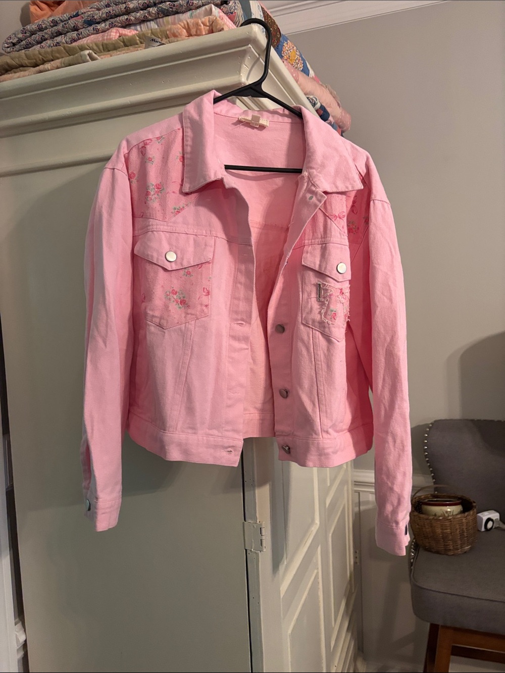 Pink Embroidered Denim Jacket